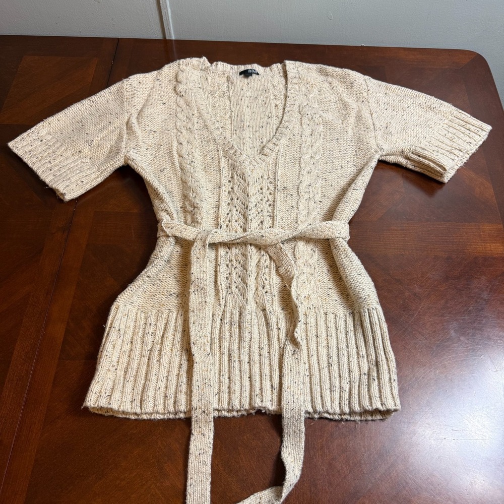 VTG Ana Beige Cable Knit‎ Boho Cottagecore V Neck Belted Sweater Tunic XL